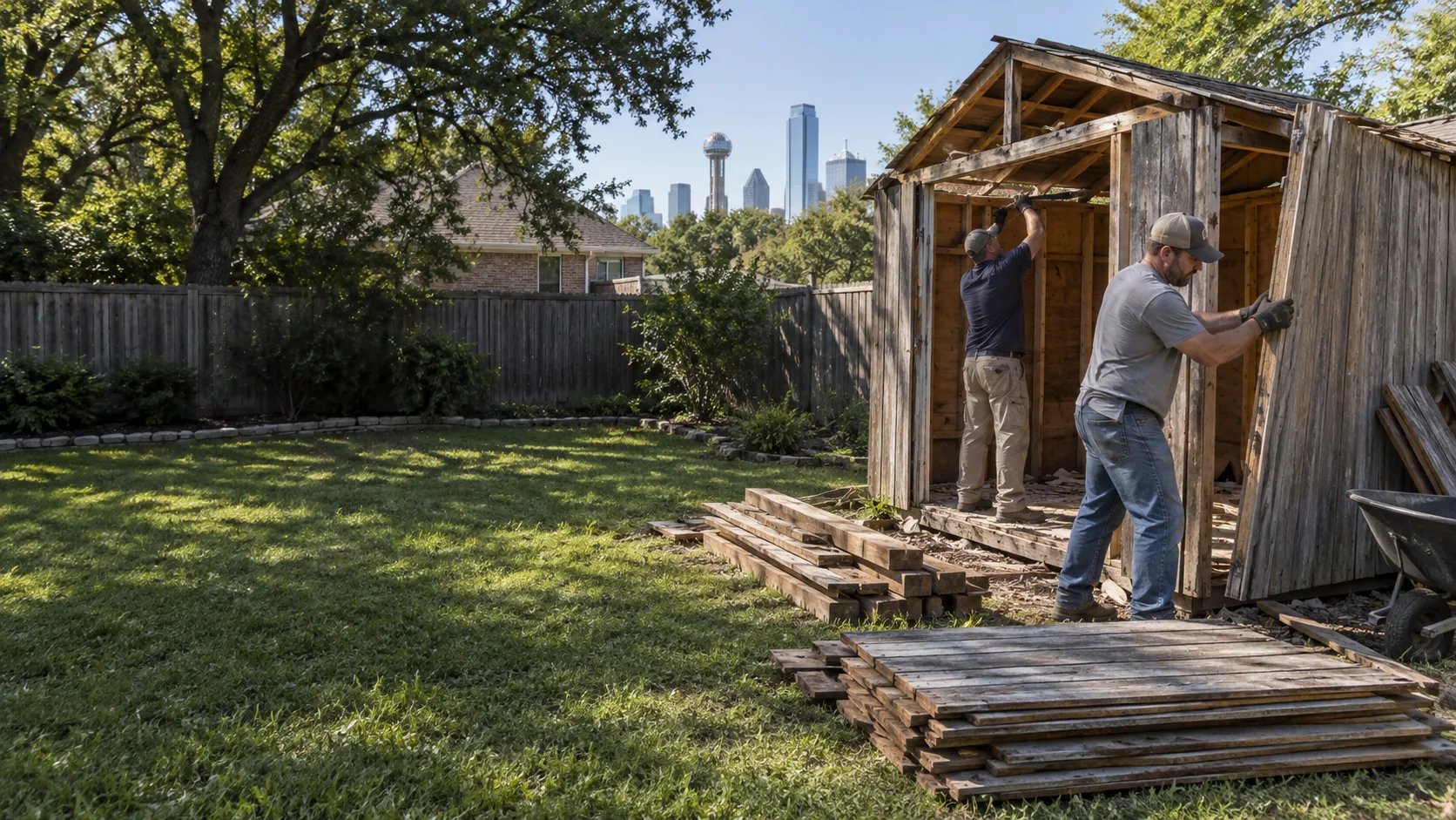 Workers dismantling a wooden backyard shed