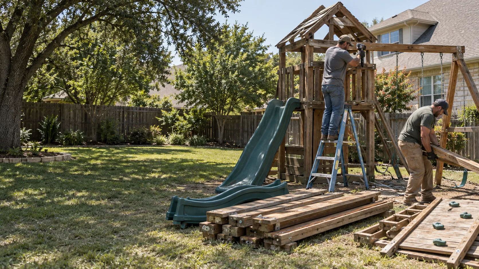Workers dismantling a backyard swing set